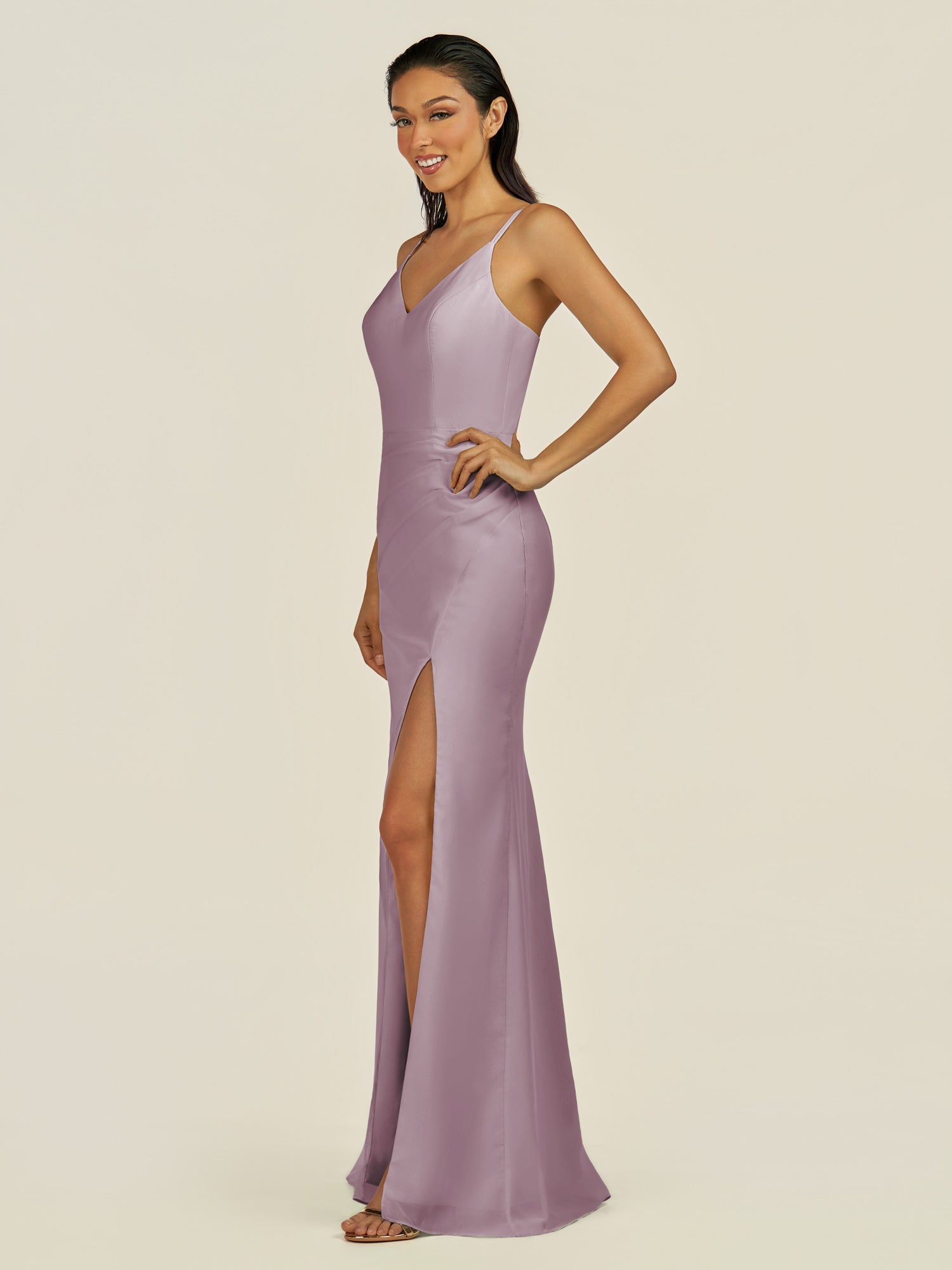 KissDress-Santillia Dusk Sheath Chiffon V Neck Long Bridesmaid Dress with Slit