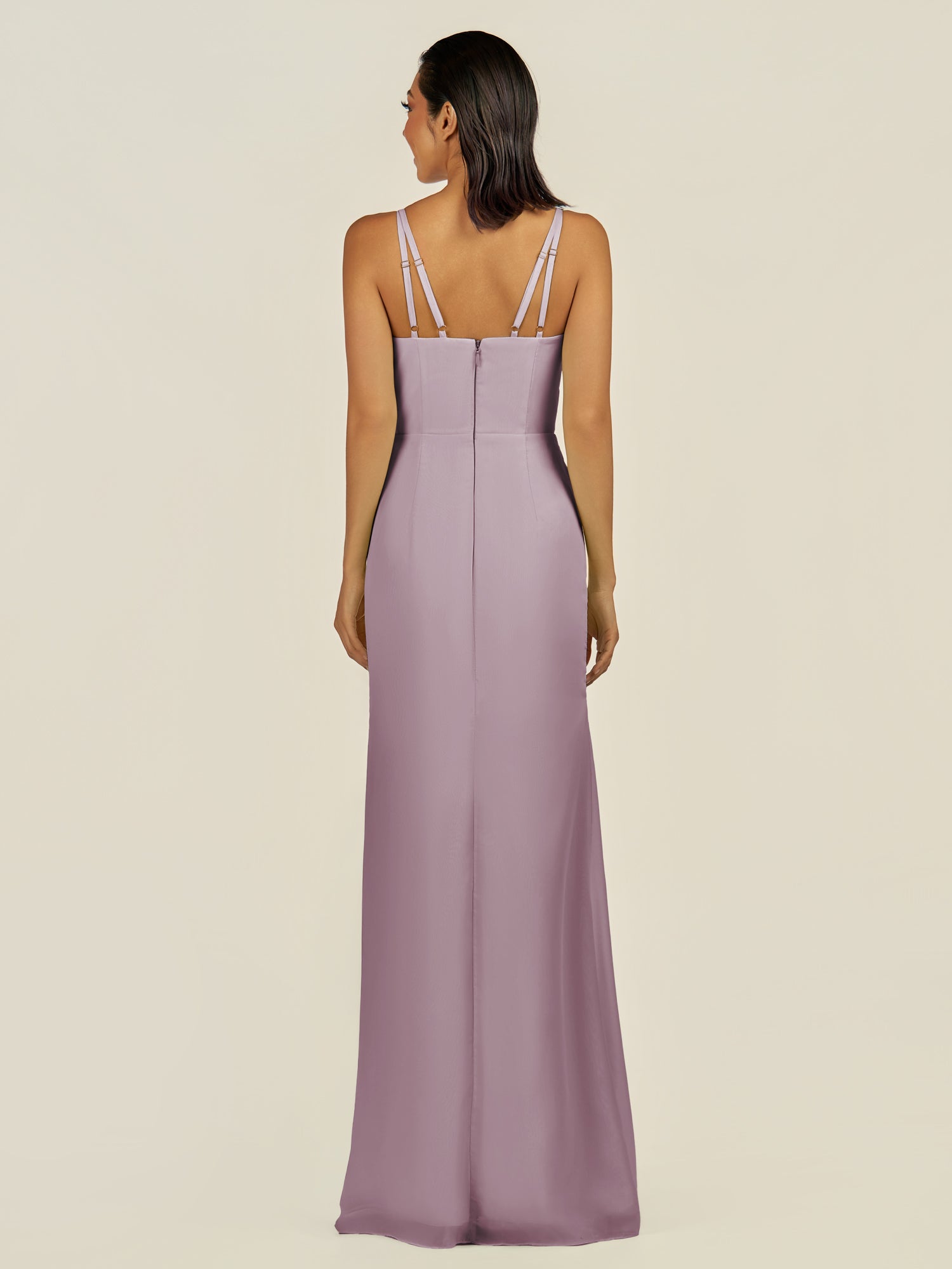 KissDress-Santillia Dusk Sheath Chiffon V Neck Long Bridesmaid Dress with Slit