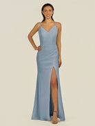KissDress-Santillia Dusty Blue Sheath Chiffon V Neck Long Bridesmaid Dress with Slit