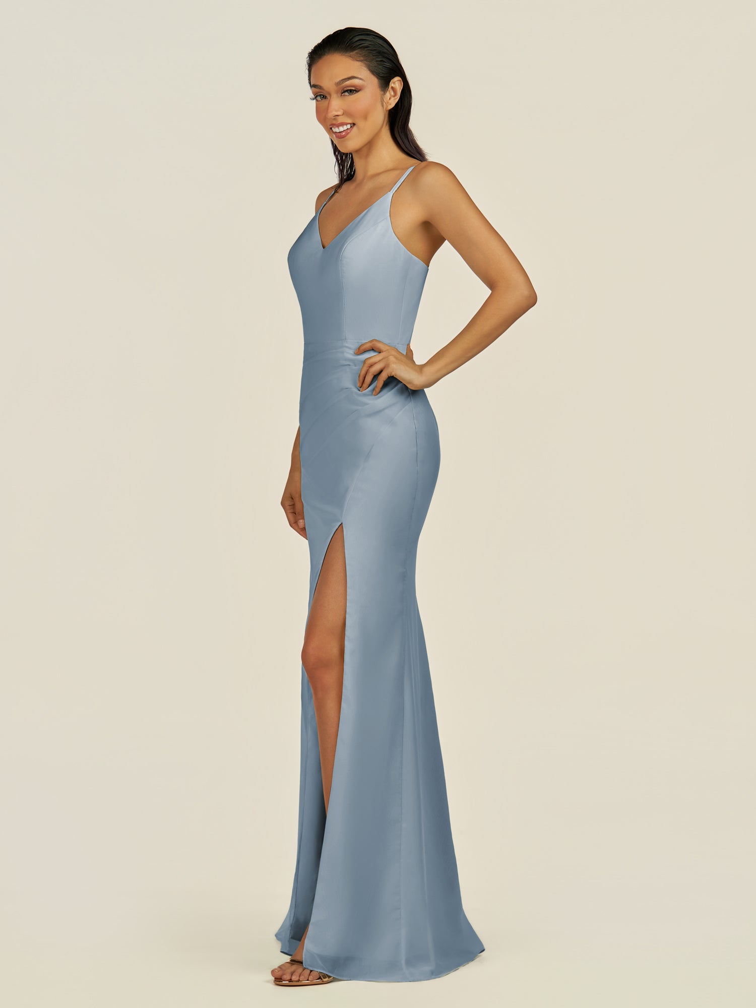 KissDress-Santillia Dusty Blue Sheath Chiffon V Neck Long Bridesmaid Dress with Slit