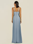 KissDress-Santillia Dusty Blue Sheath Chiffon V Neck Long Bridesmaid Dress with Slit