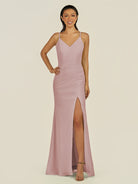 KissDress-Santillia Dusty Rose Sheath Chiffon V Neck Long Bridesmaid Dress with Slit