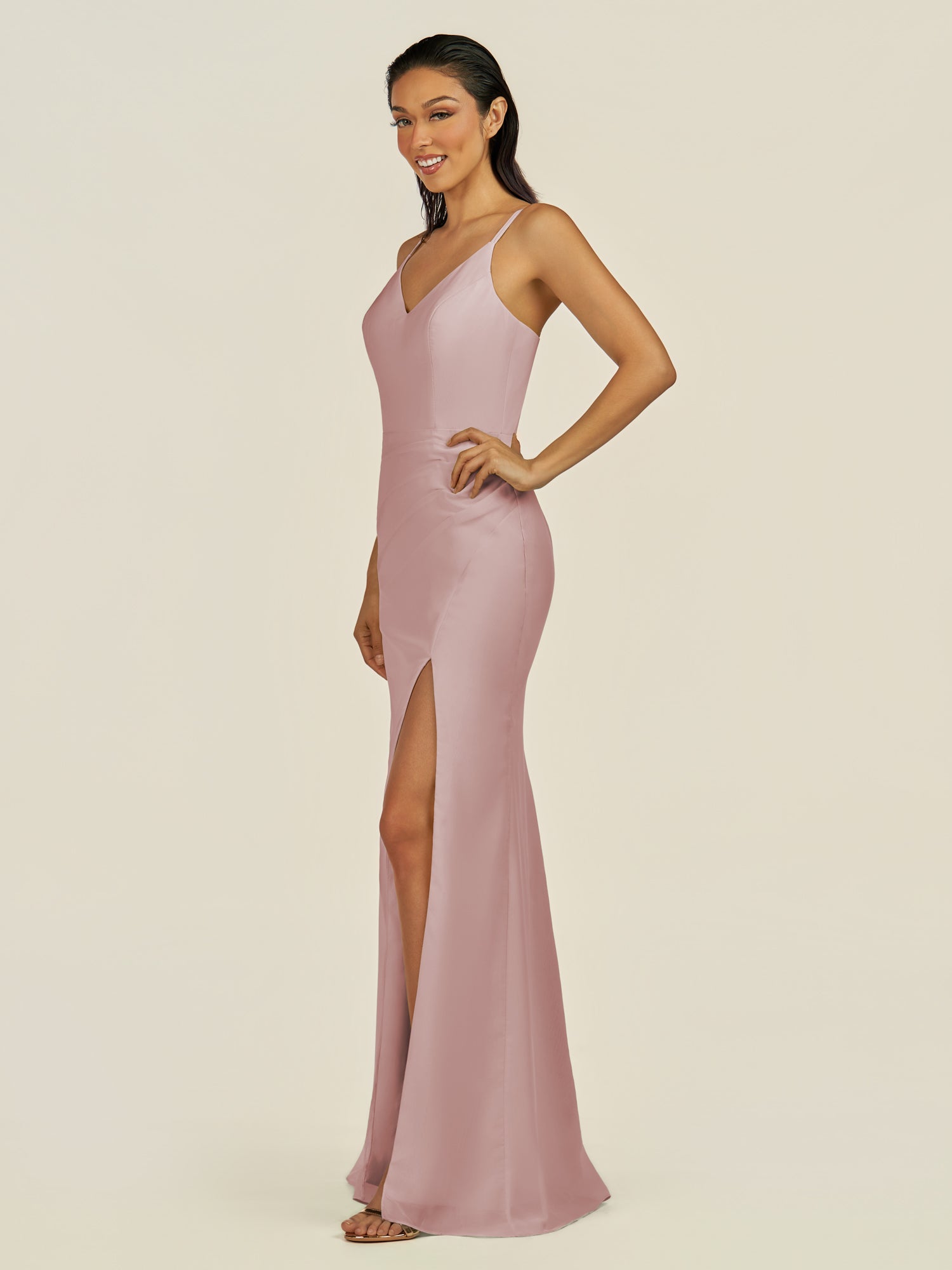 KissDress-Santillia Dusty Rose Sheath Chiffon V Neck Long Bridesmaid Dress with Slit