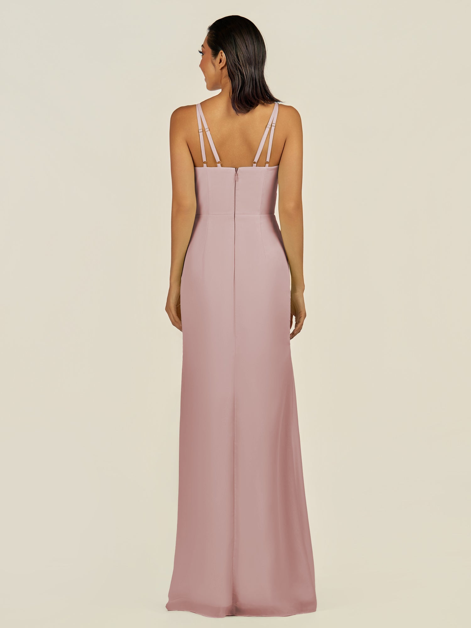 KissDress-Santillia Dusty Rose Sheath Chiffon V Neck Long Bridesmaid Dress with Slit