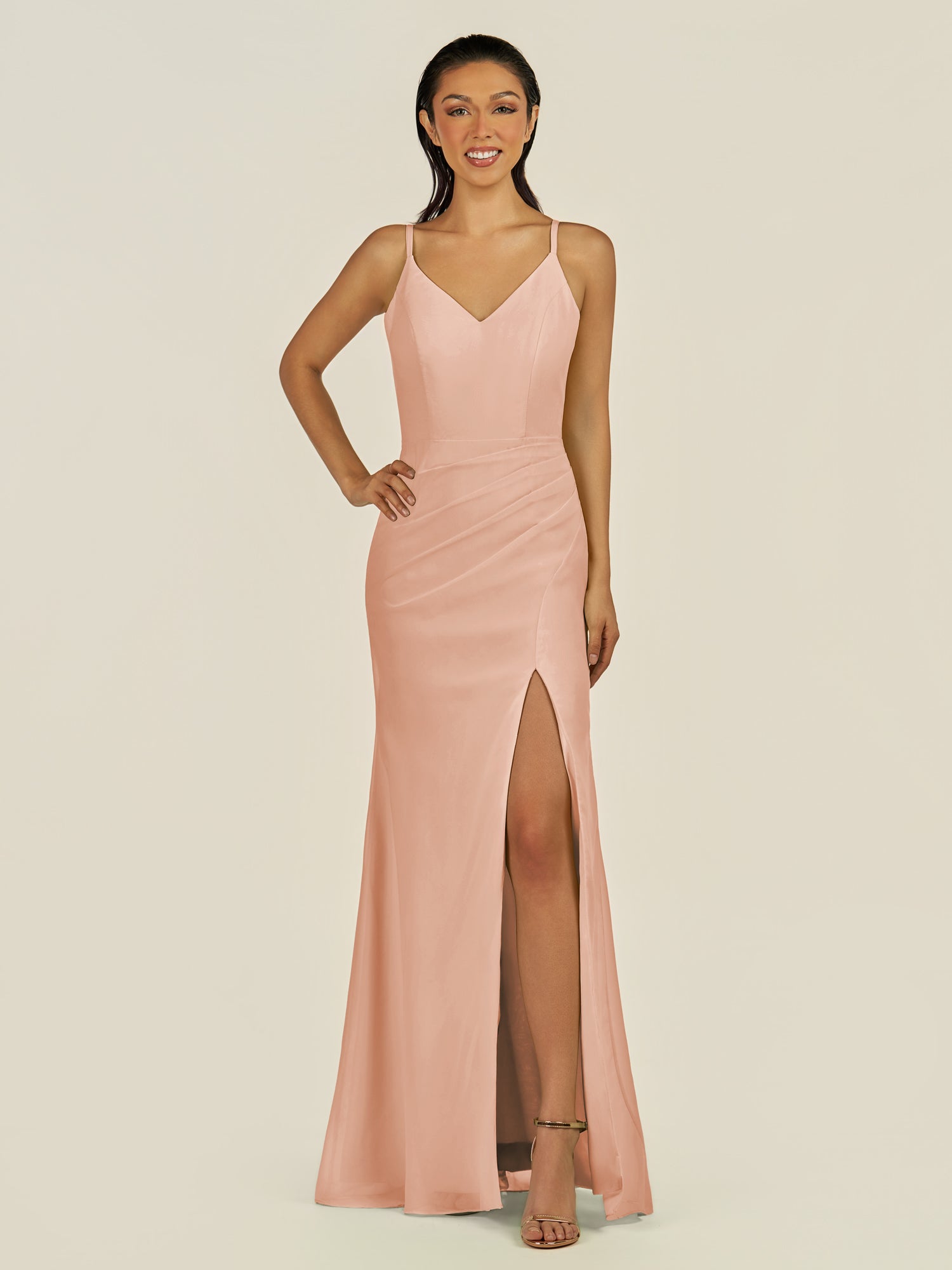 KissDress-Santillia English Rose Sheath Chiffon V Neck Long Bridesmaid Dress with Slit