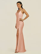 KissDress-Santillia English Rose Sheath Chiffon V Neck Long Bridesmaid Dress with Slit