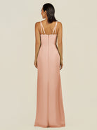 KissDress-Santillia English Rose Sheath Chiffon V Neck Long Bridesmaid Dress with Slit
