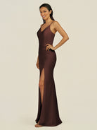 KissDress-Santillia Espresso Sheath Chiffon V Neck Long Bridesmaid Dress with Slit