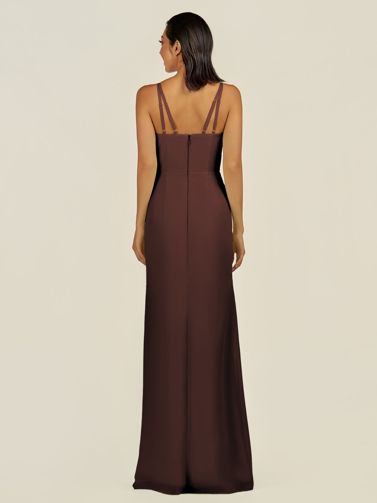 KissDress-Santillia Espresso Sheath Chiffon V Neck Long Bridesmaid Dress with Slit