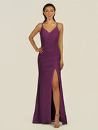 KissDress-Santillia Fig Sheath Chiffon V Neck Long Bridesmaid Dress with Slit