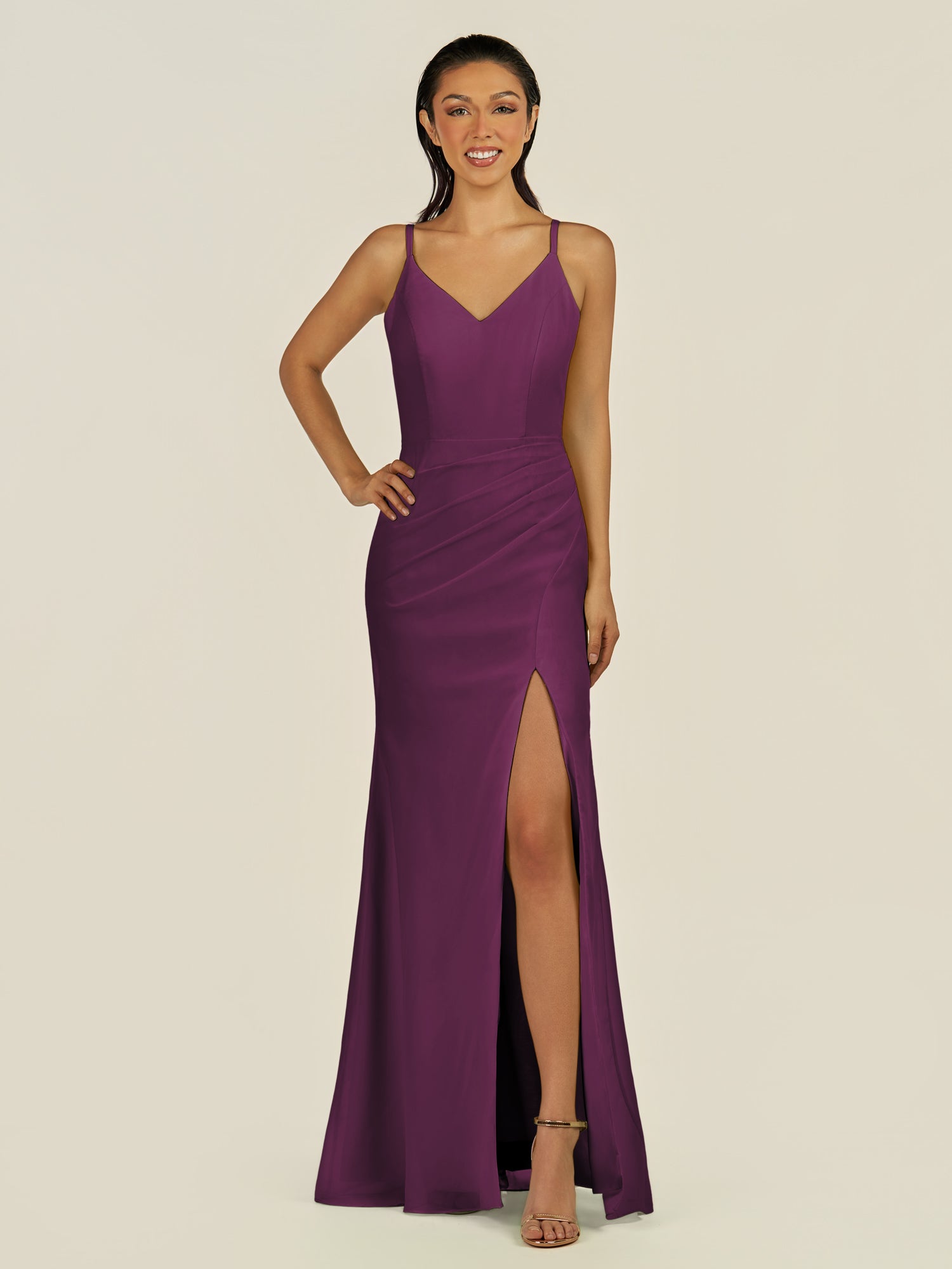 KissDress-Santillia Fig Sheath Chiffon V Neck Long Bridesmaid Dress with Slit