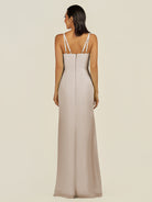 KissDress-Santillia Frost Sheath Chiffon V Neck Long Bridesmaid Dress with Slit