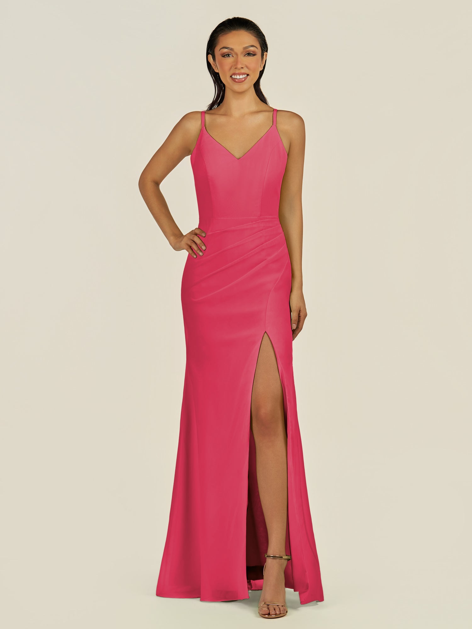KissDress-Santillia Fuchsia Sheath Chiffon V Neck Long Bridesmaid Dress with Slit
