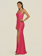 KissDress-Santillia Fuchsia Sheath Chiffon V Neck Long Bridesmaid Dress with Slit