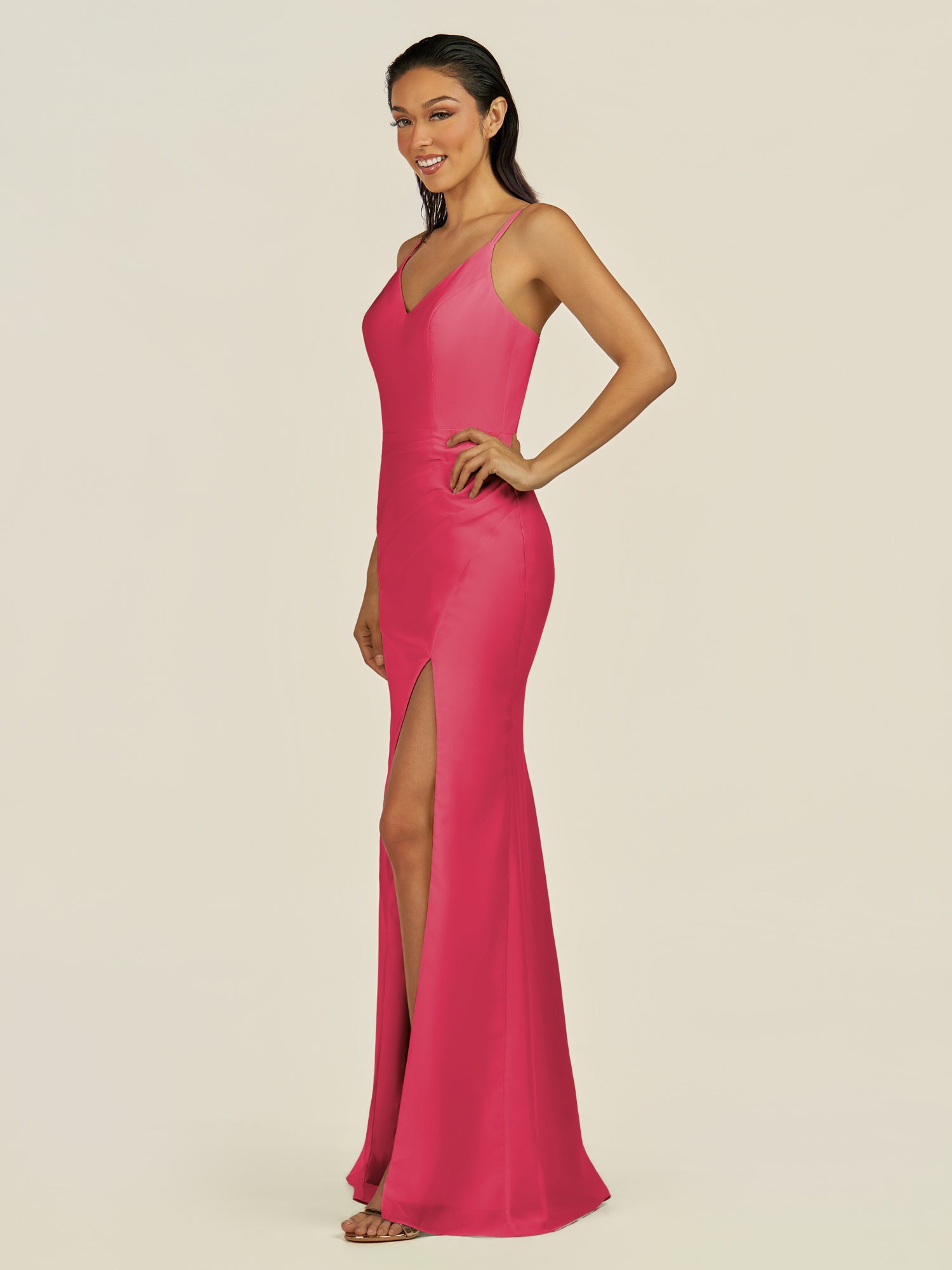 KissDress-Santillia Fuchsia Sheath Chiffon V Neck Long Bridesmaid Dress with Slit