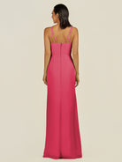 KissDress-Santillia Fuchsia Sheath Chiffon V Neck Long Bridesmaid Dress with Slit