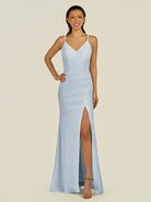 KissDress-Santillia Ice Sheath Chiffon V Neck Long Bridesmaid Dress with Slit