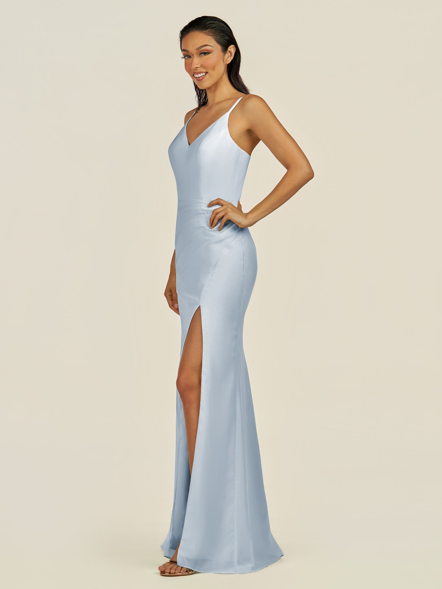 KissDress-Santillia Ice Sheath Chiffon V Neck Long Bridesmaid Dress with Slit