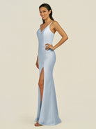 KissDress-Santillia Ice Sheath Chiffon V Neck Long Bridesmaid Dress with Slit