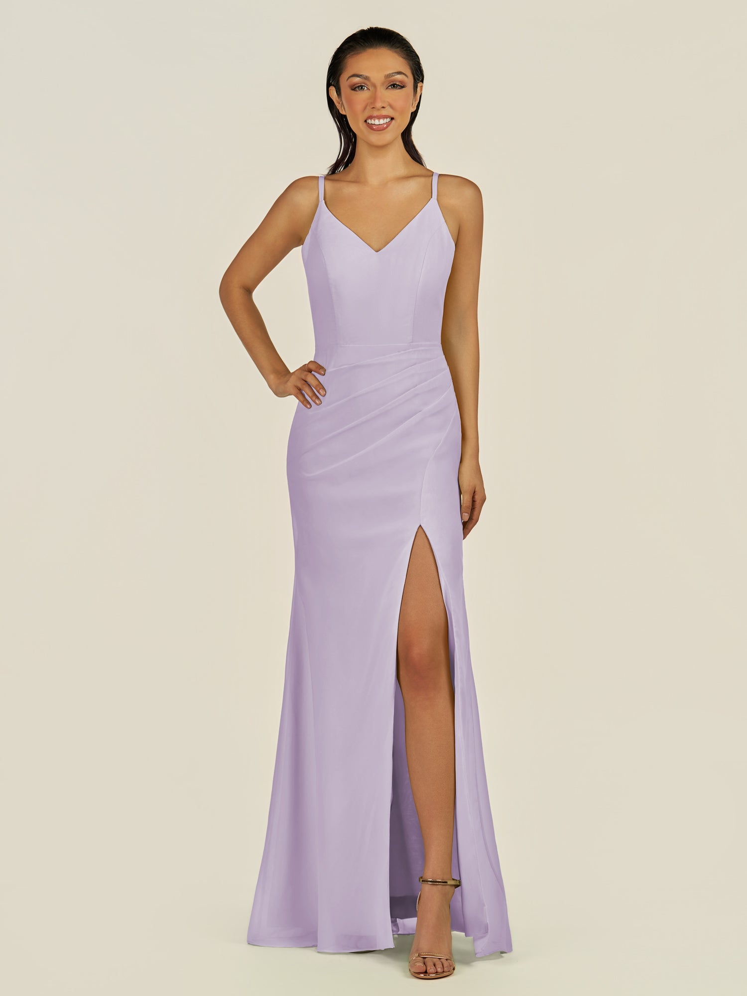 KissDress-Santillia Lavender Sheath Chiffon V Neck Long Bridesmaid Dress with Slit