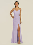 KissDress-Santillia Lavender Sheath Chiffon V Neck Long Bridesmaid Dress with Slit