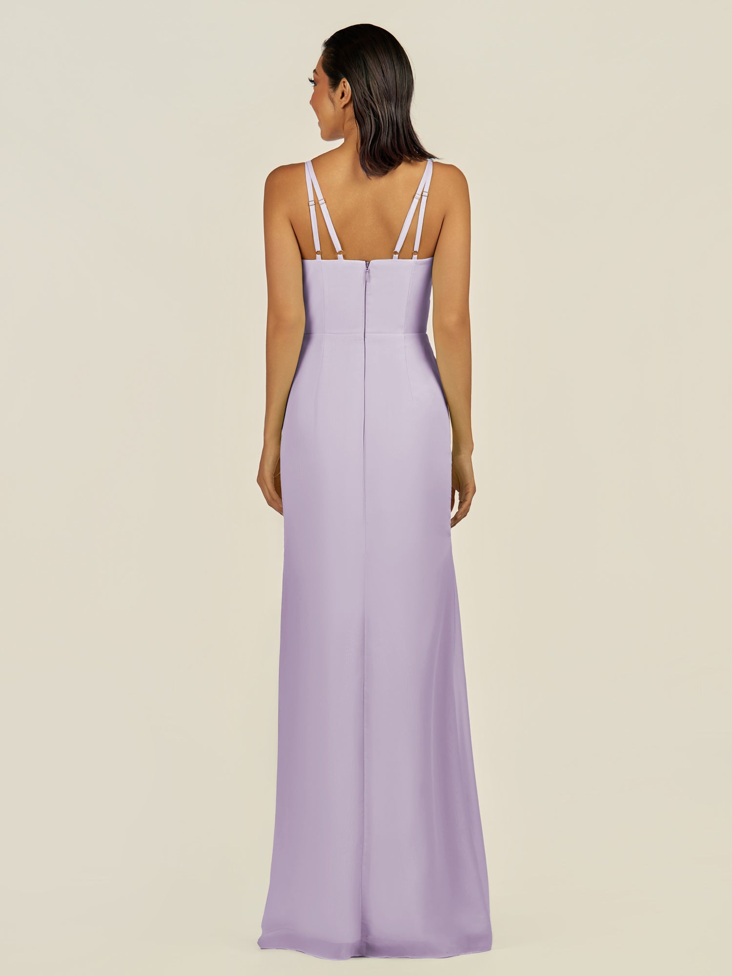 KissDress-Santillia Lavender Sheath Chiffon V Neck Long Bridesmaid Dress with Slit