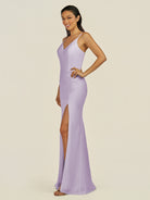 KissDress-Santillia Lavender Sheath Chiffon V Neck Long Bridesmaid Dress with Slit