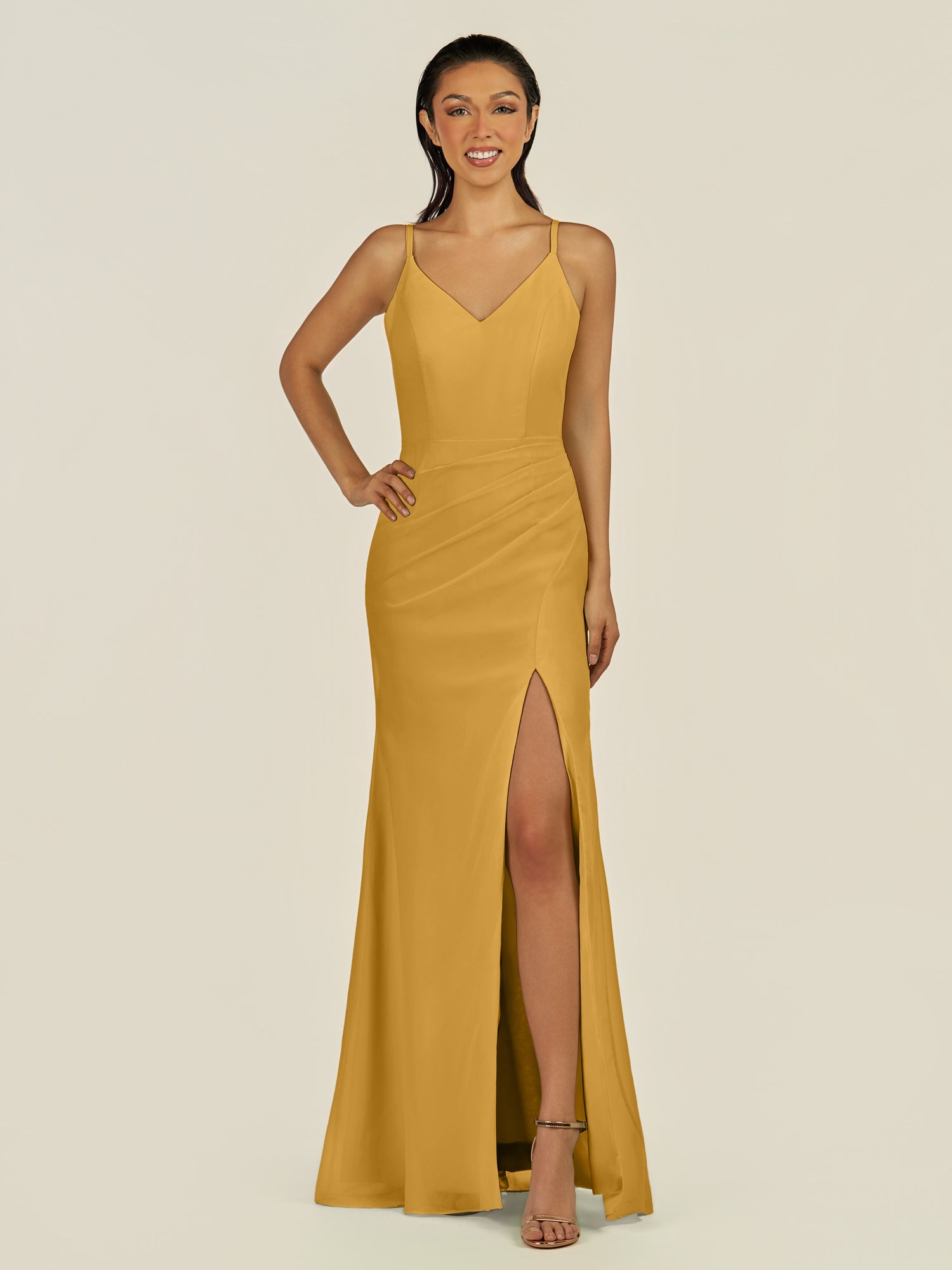 KissDress-Santillia Marigold Sheath Chiffon V Neck Long Bridesmaid Dress with Slit