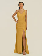 KissDress-Santillia Marigold Sheath Chiffon V Neck Long Bridesmaid Dress with Slit