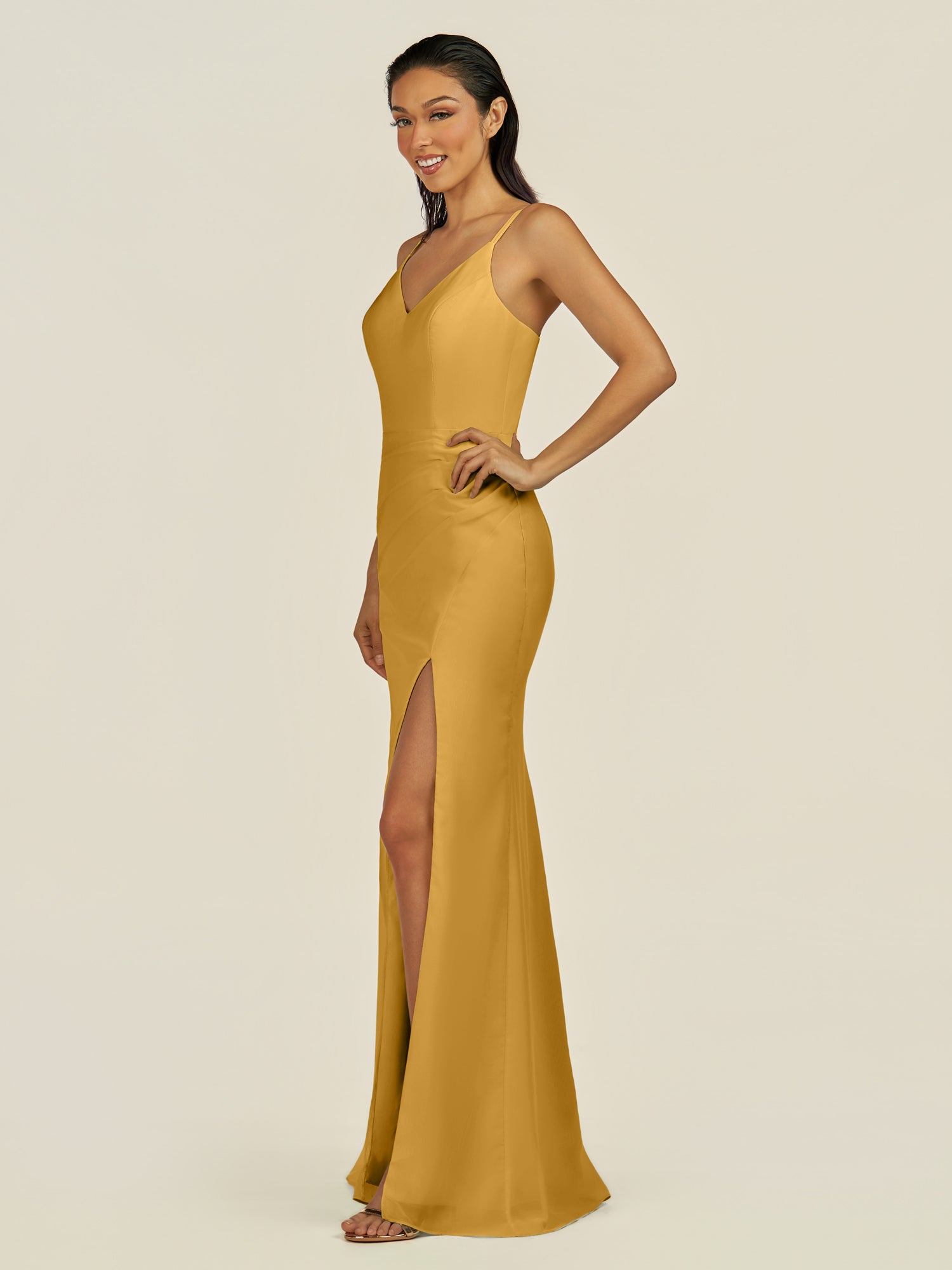 KissDress-Santillia Marigold Sheath Chiffon V Neck Long Bridesmaid Dress with Slit