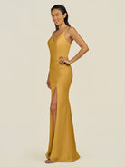 KissDress-Santillia Marigold Sheath Chiffon V Neck Long Bridesmaid Dress with Slit