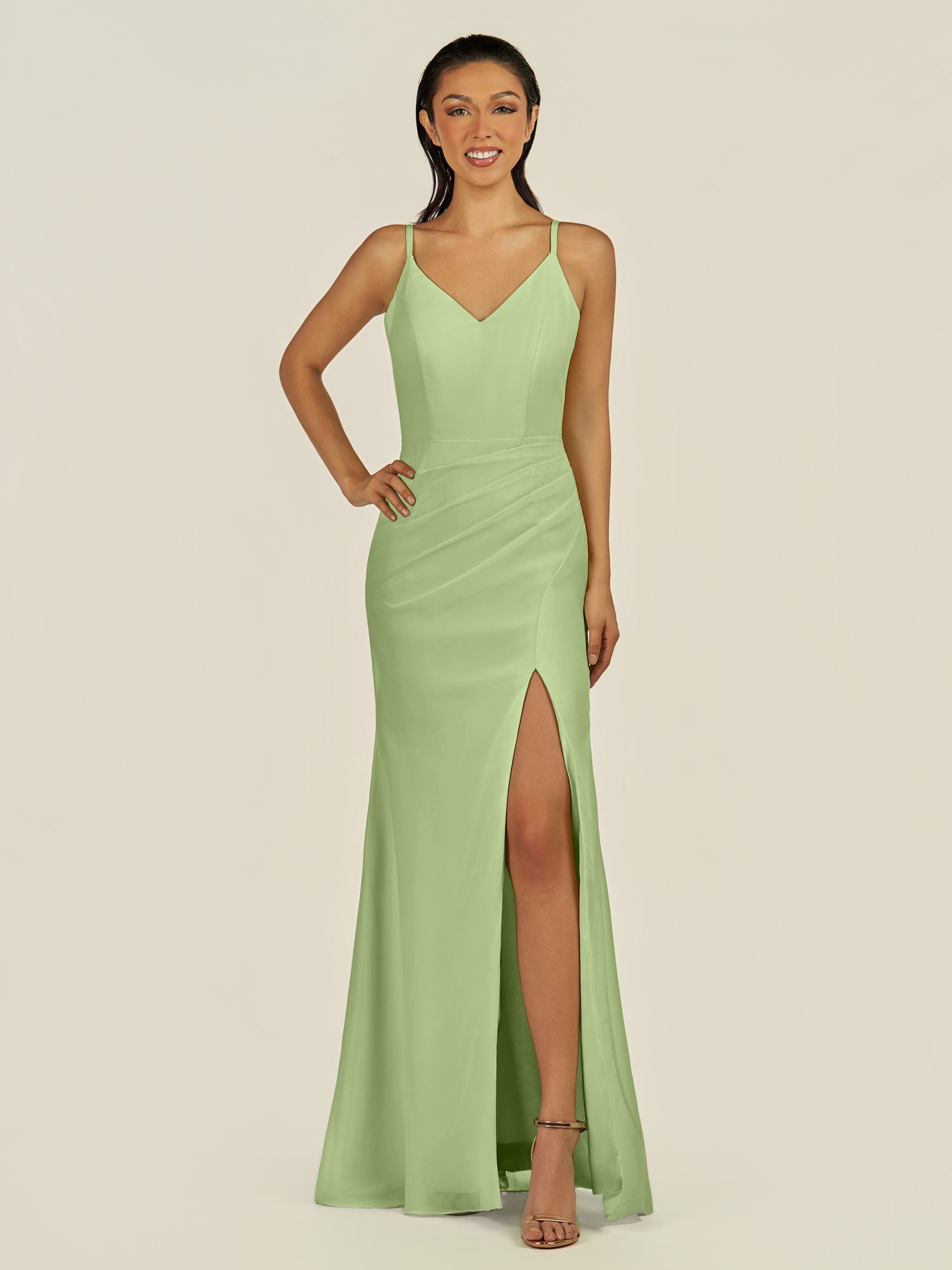 KissDress-Santillia Matcha Sheath Chiffon V Neck Long Bridesmaid Dress with Slit