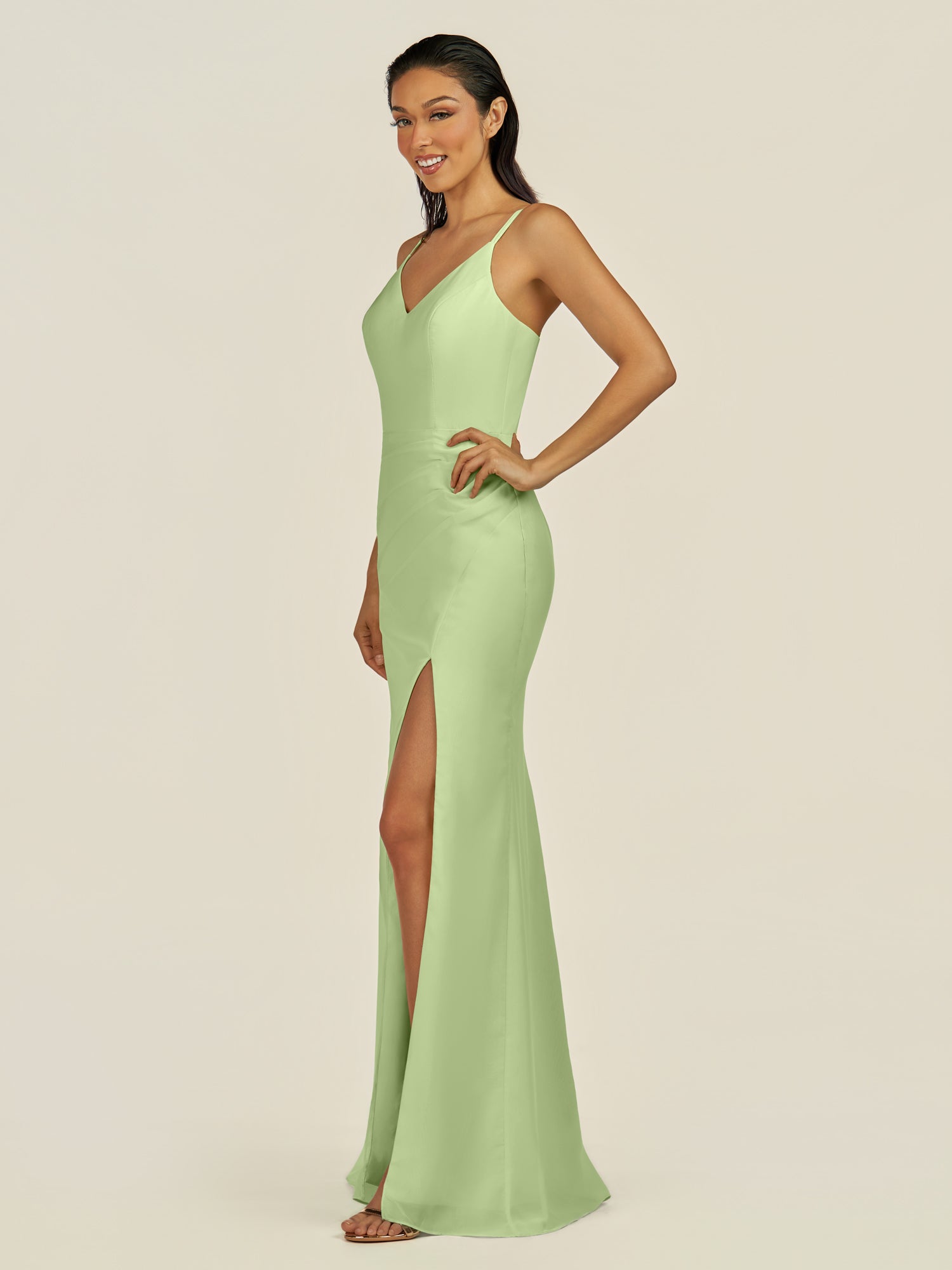 KissDress-Santillia Matcha Sheath Chiffon V Neck Long Bridesmaid Dress with Slit