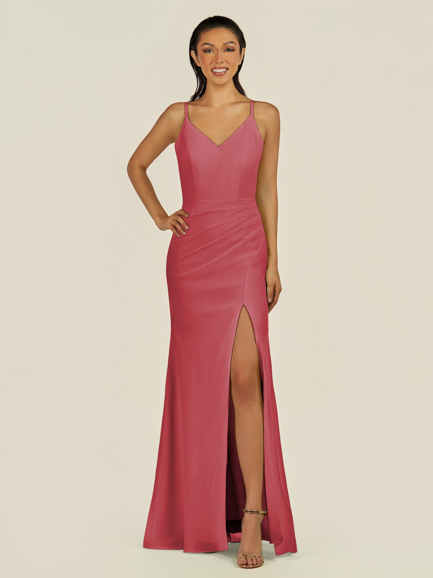 KissDress-Santillia Merlot Sheath Chiffon V Neck Long Bridesmaid Dress with Slit