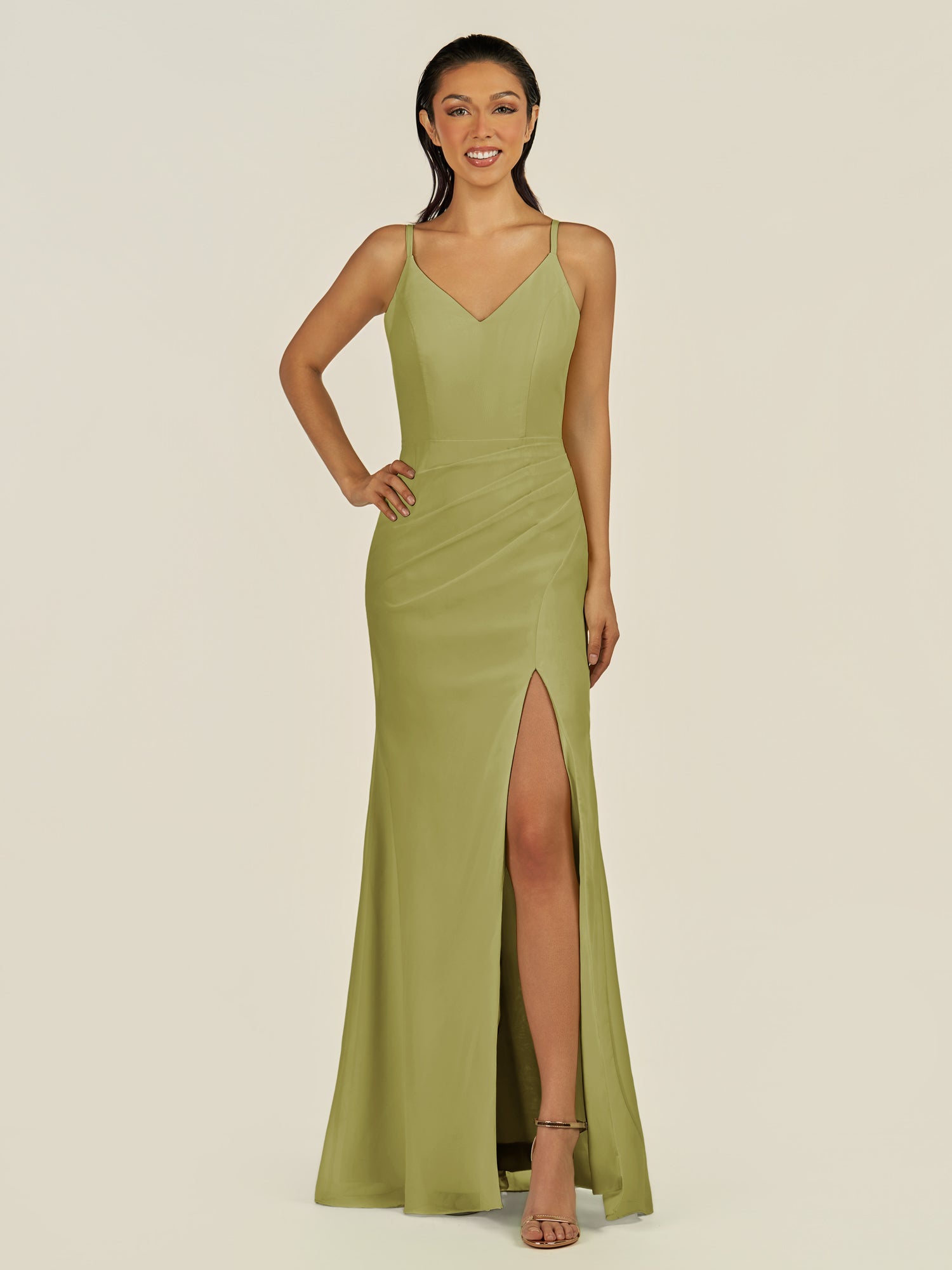 KissDress-Santillia Moss Green Sheath Chiffon V Neck Long Bridesmaid Dress with Slit
