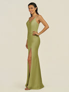 KissDress-Santillia Moss Green Sheath Chiffon V Neck Long Bridesmaid Dress with Slit