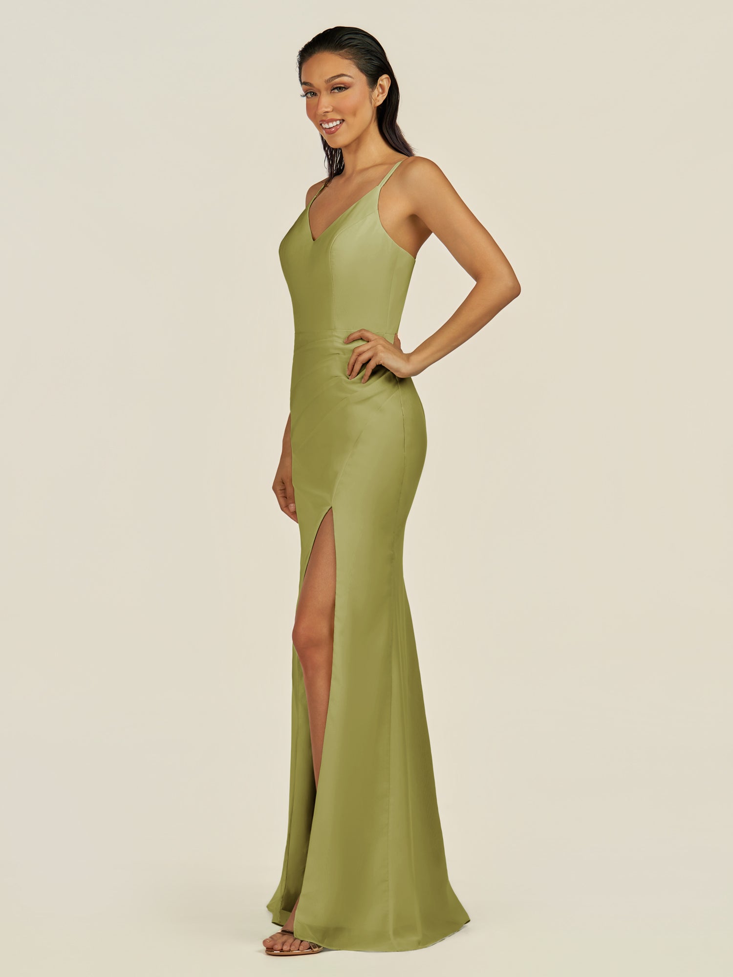 KissDress-Santillia Moss Green Sheath Chiffon V Neck Long Bridesmaid Dress with Slit