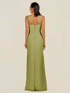KissDress-Santillia Moss Green Sheath Chiffon V Neck Long Bridesmaid Dress with Slit