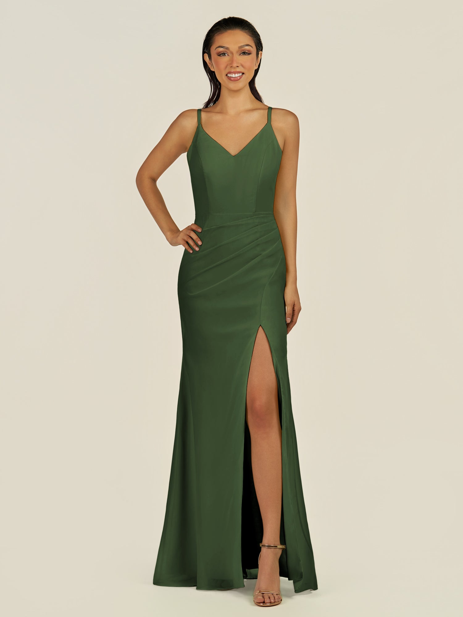 KissDress-Santillia Moss Sheath Chiffon V Neck Long Bridesmaid Dress with Slit