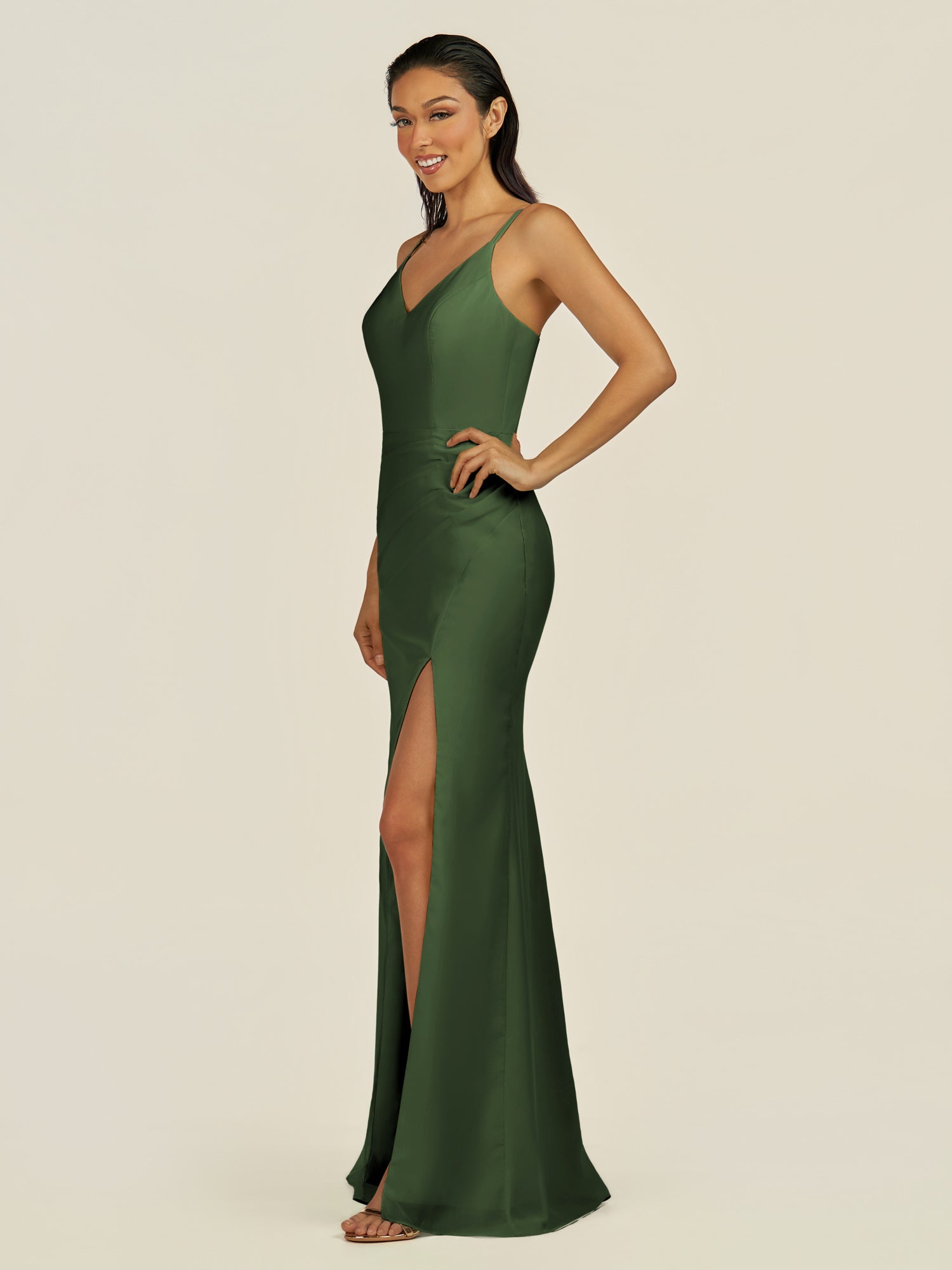 KissDress-Santillia Moss Sheath Chiffon V Neck Long Bridesmaid Dress with Slit
