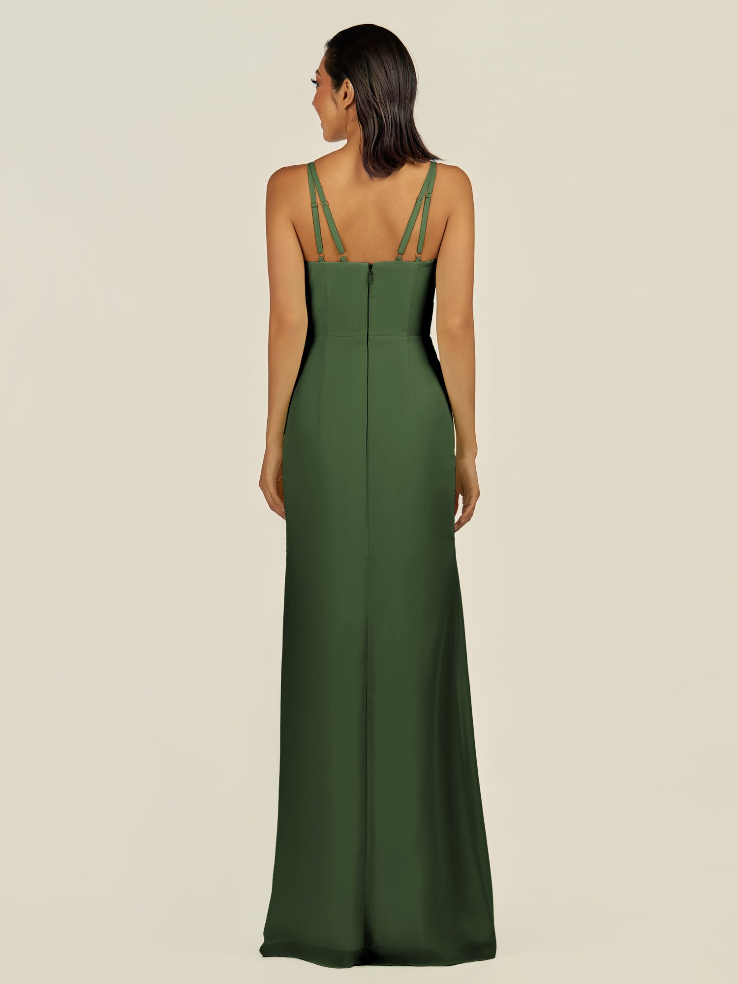 KissDress-Santillia Moss Sheath Chiffon V Neck Long Bridesmaid Dress with Slit