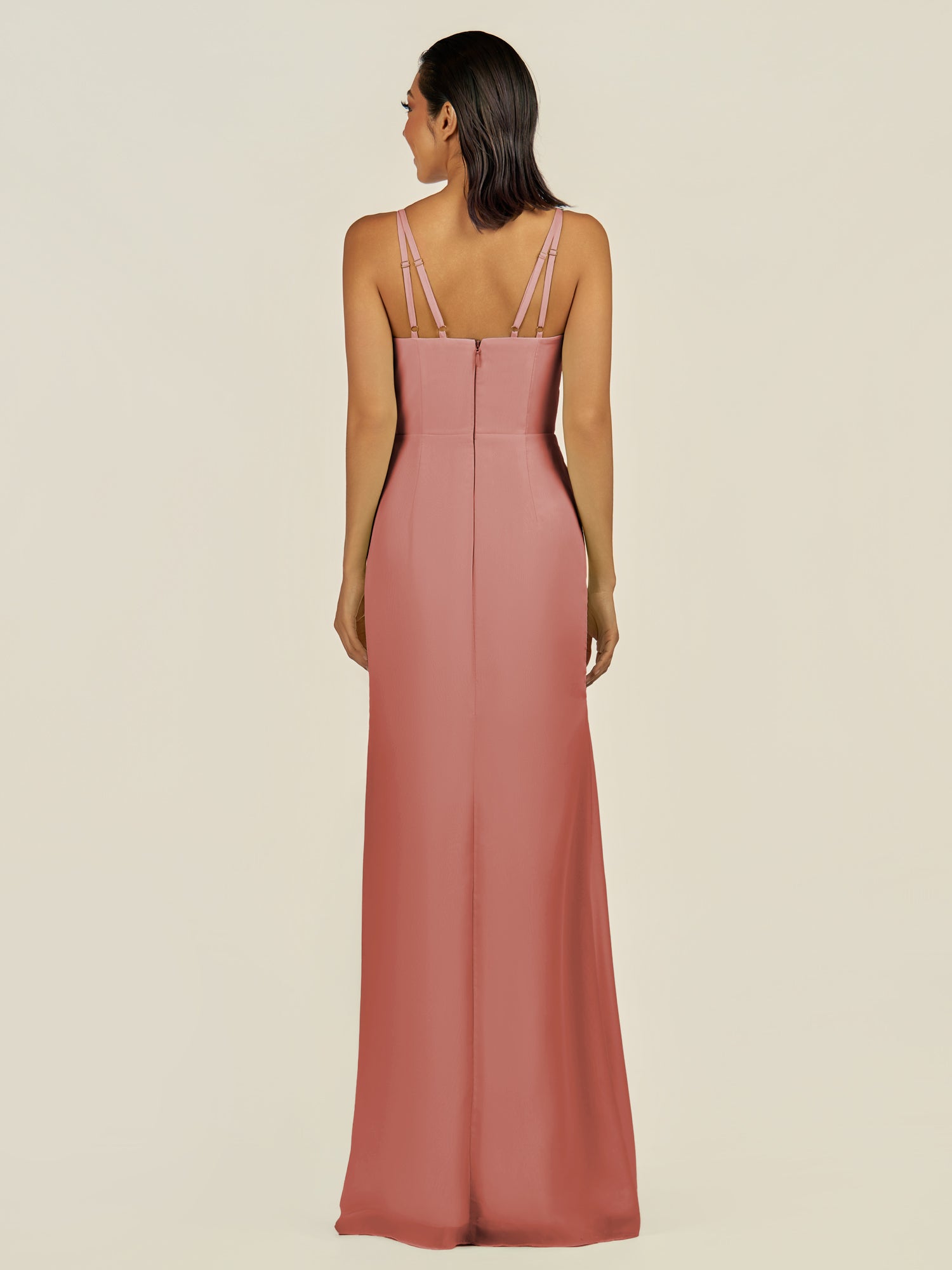 KissDress-Santillia Mulberry Sheath Chiffon V Neck Long Bridesmaid Dress with Slit