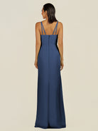 KissDress-Santillia Navy Sheath Chiffon V Neck Long Bridesmaid Dress with Slit