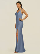 KissDress-Santillia Neptune Sheath Chiffon V Neck Long Bridesmaid Dress with Slit