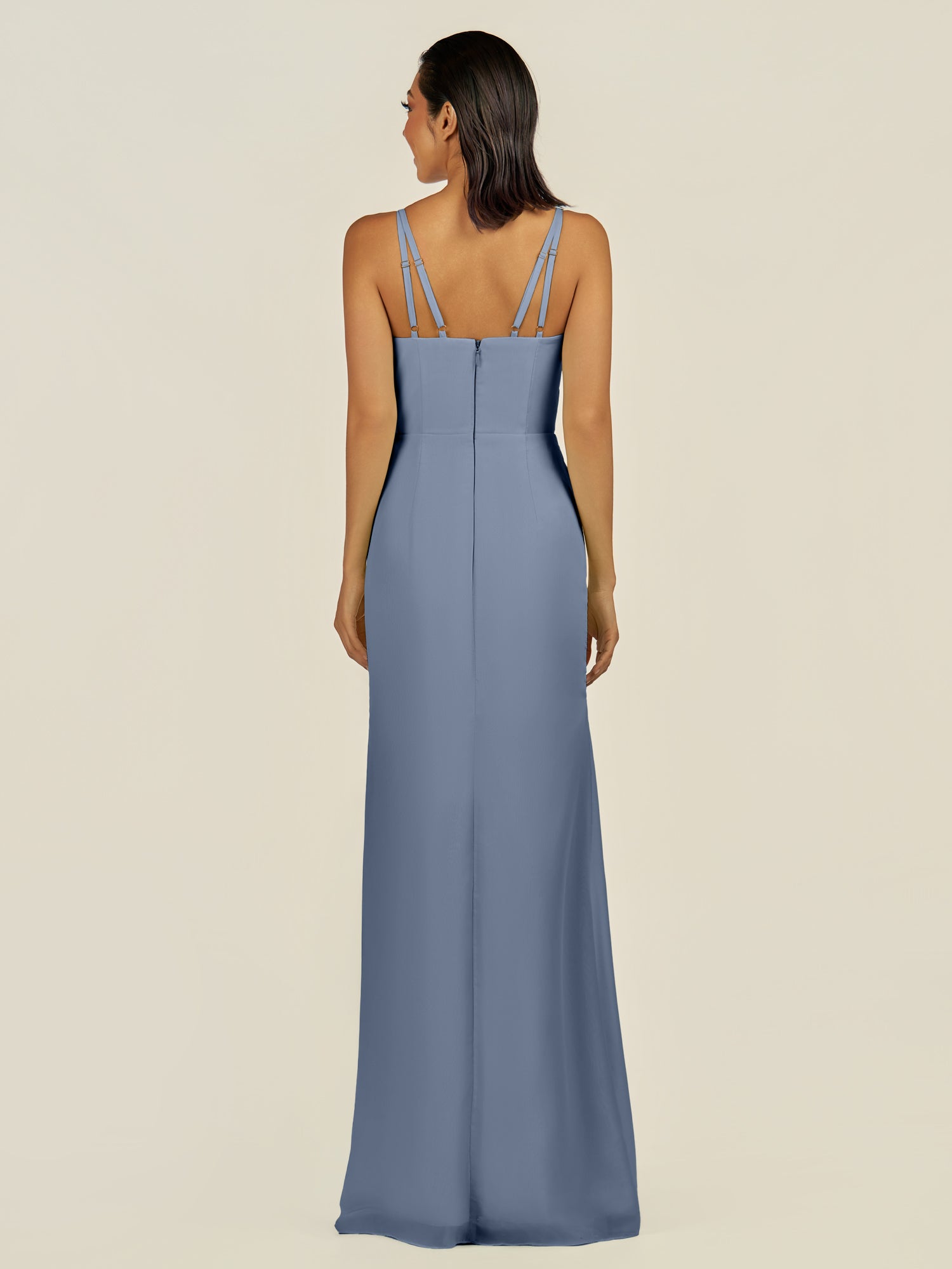 KissDress-Santillia Neptune Sheath Chiffon V Neck Long Bridesmaid Dress with Slit