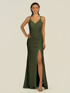 KissDress-Santillia Olive Sheath Chiffon V Neck Long Bridesmaid Dress with Slit