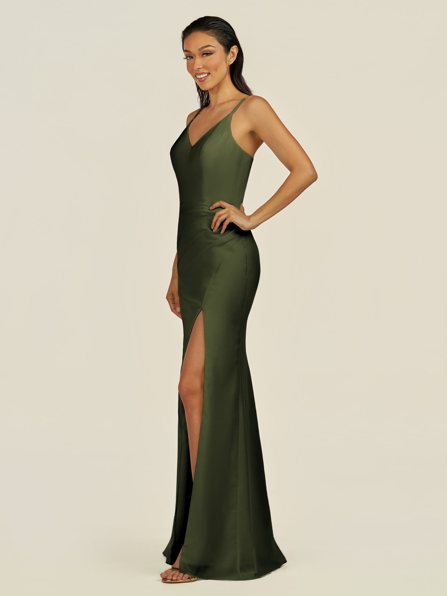 KissDress-Santillia Olive Sheath Chiffon V Neck Long Bridesmaid Dress with Slit