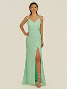 KissDress-Santillia Pale Pistachio Sheath Chiffon V Neck Long Bridesmaid Dress with Slit