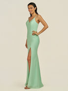 KissDress-Santillia Pale Pistachio Sheath Chiffon V Neck Long Bridesmaid Dress with Slit