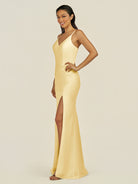 KissDress-Santillia Pastel Yellow Sheath Chiffon V Neck Long Bridesmaid Dress with Slit